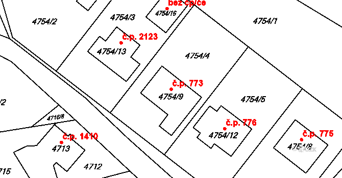 Místek 773, Frýdek-Místek na parcele st. 4754/9 v KÚ Místek, Katastrální mapa