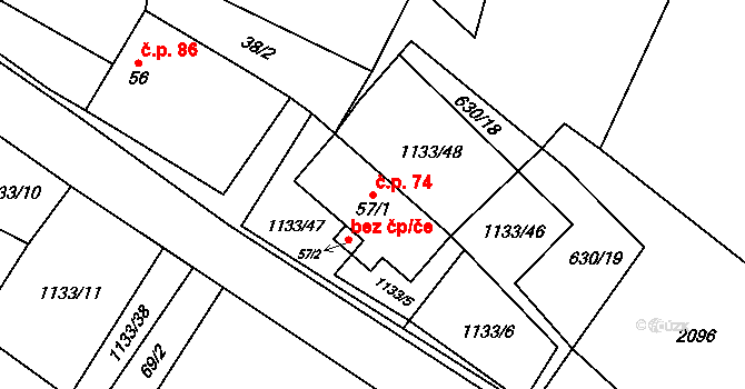 Malíkov nad Nežárkou 74, Horní Pěna na parcele st. 57/1 v KÚ Malíkov nad Nežárkou, Katastrální mapa