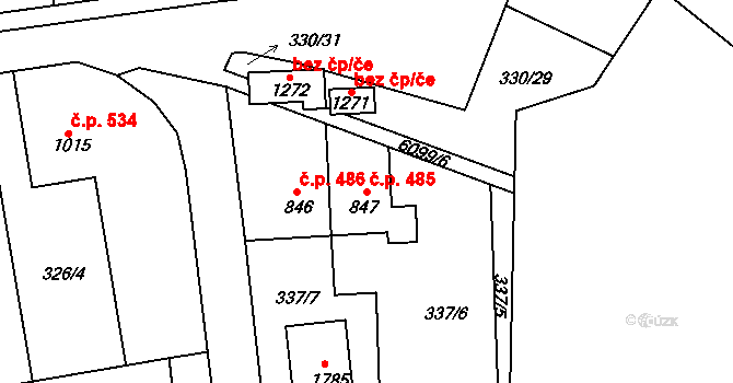 Halenkov 485 na parcele st. 847 v KÚ Halenkov, Katastrální mapa
