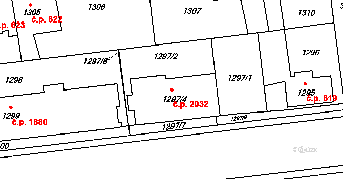 Horní Počernice 2032, Praha na parcele st. 1297/4 v KÚ Horní Počernice, Katastrální mapa