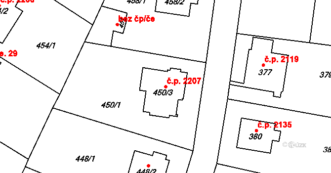 Komořany 2207, Praha na parcele st. 450/3 v KÚ Komořany, Katastrální mapa