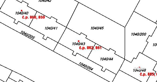 Hlubočepy 861,862, Praha na parcele st. 1040/43 v KÚ Hlubočepy, Katastrální mapa