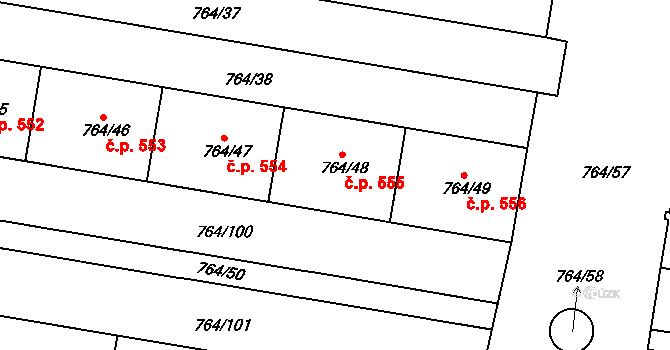 Jinonice 555, Praha na parcele st. 764/48 v KÚ Jinonice, Katastrální mapa