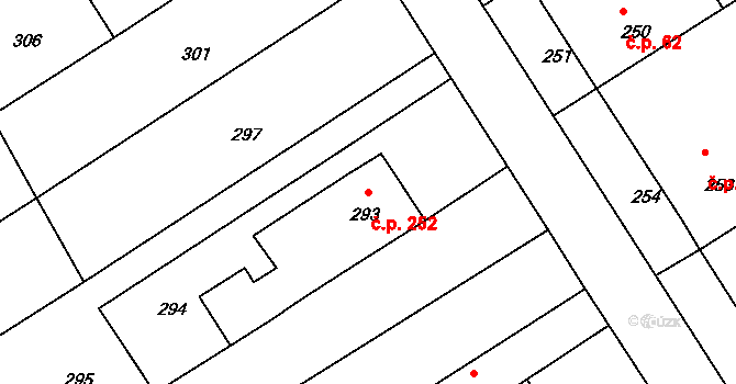Prštice 252 na parcele st. 293 v KÚ Prštice, Katastrální mapa