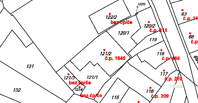 Šlapanice 1640 na parcele st. 121/2 v KÚ Šlapanice u Brna, Katastrální mapa