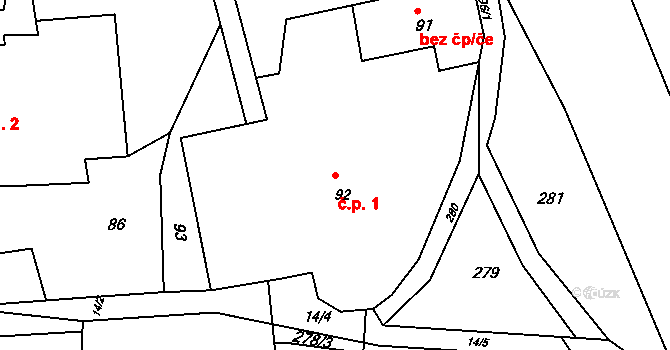Braníškov 1 na parcele st. 92 v KÚ Braníškov, Katastrální mapa