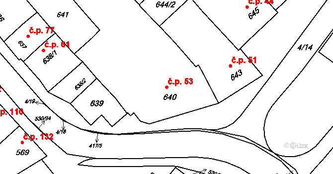 Přísnotice 53 na parcele st. 640 v KÚ Přísnotice, Katastrální mapa