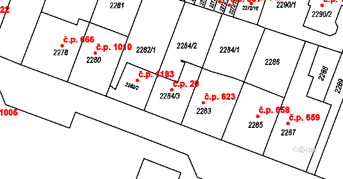 Kuřim 20 na parcele st. 2284/3 v KÚ Kuřim, Katastrální mapa
