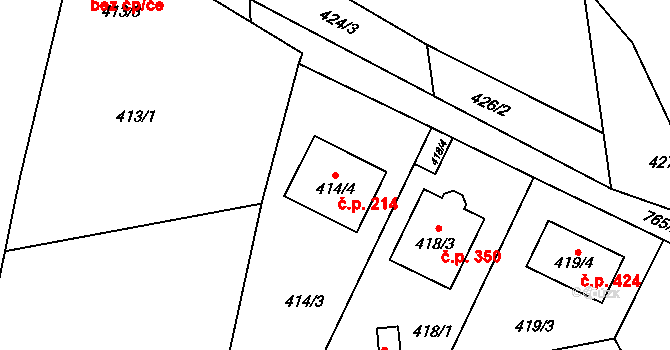 Červený Hrádek 214, Plzeň na parcele st. 414/4 v KÚ Červený Hrádek u Plzně, Katastrální mapa