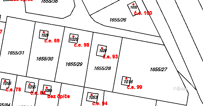 Plácky 93, Hradec Králové na parcele st. 1028 v KÚ Plácky, Katastrální mapa