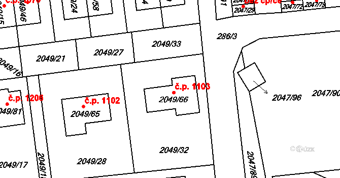 Třemošná 1103 na parcele st. 2049/66 v KÚ Třemošná, Katastrální mapa