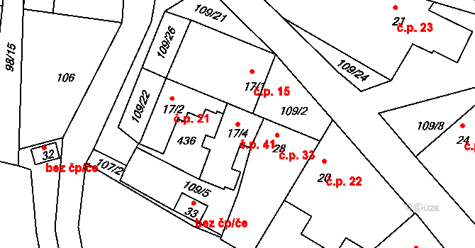 Horní Miletín 41, Lišov na parcele st. 17/4 v KÚ Horní Miletín, Katastrální mapa