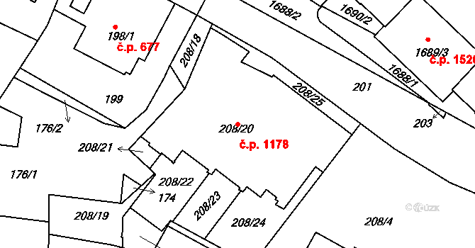 Podolí 1178, Praha na parcele st. 208/20 v KÚ Podolí, Katastrální mapa