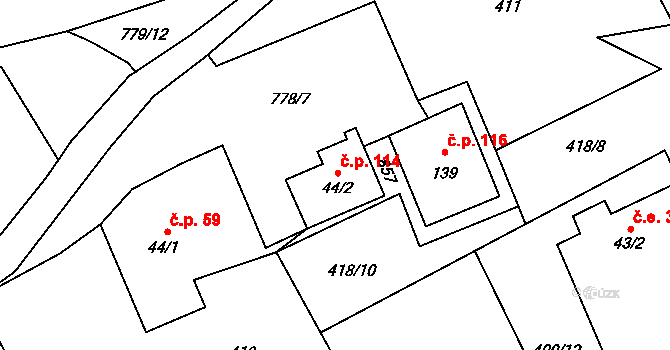 Druzcov 114, Osečná na parcele st. 44/2 v KÚ Druzcov, Katastrální mapa