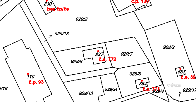 Podhrad 772, Cheb na parcele st. 827 v KÚ Podhrad, Katastrální mapa