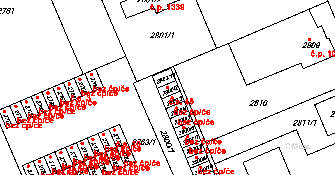 Slavkov u Brna 45 na parcele st. 2800/2 v KÚ Slavkov u Brna, Katastrální mapa