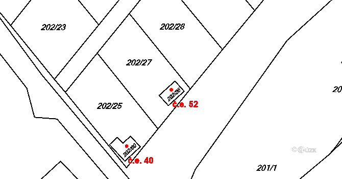 Červený Hrádek 52, Jirkov na parcele st. 202/26 v KÚ Červený Hrádek u Jirkova, Katastrální mapa