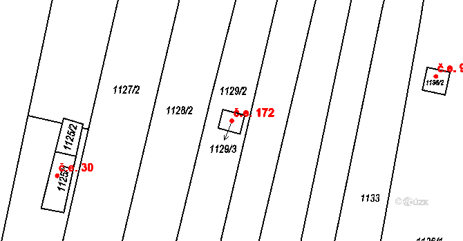 Soběšice 172, Brno na parcele st. 1129/3 v KÚ Soběšice, Katastrální mapa