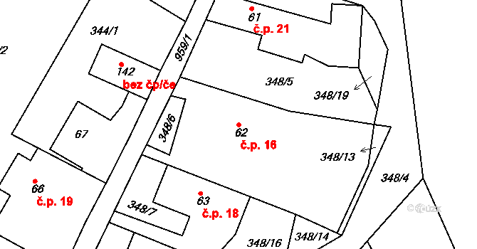 Růžená 16, Chyšky na parcele st. 62 v KÚ Nosetín, Katastrální mapa