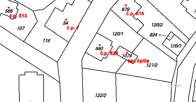 Hranice 628 na parcele st. 680 v KÚ Hranice u Aše, Katastrální mapa