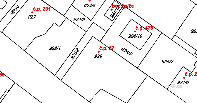Kozmice 57 na parcele st. 929 v KÚ Kozmice, Katastrální mapa