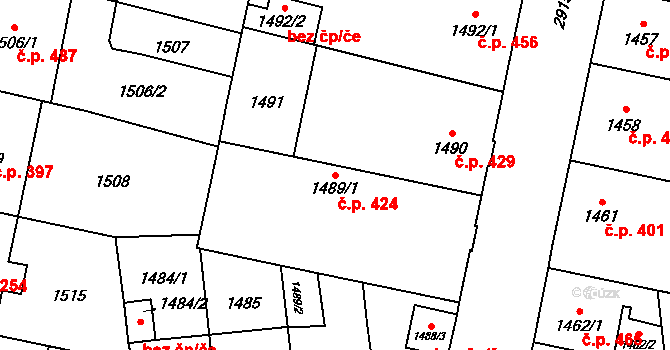Předměstí 424, Opava na parcele st. 1489/1 v KÚ Opava-Předměstí, Katastrální mapa