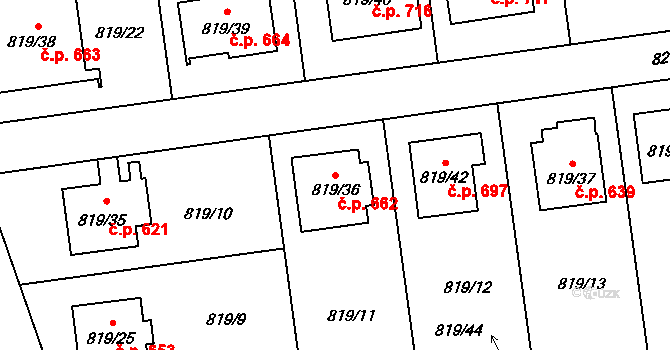Bolatice 662 na parcele st. 819/36 v KÚ Bolatice, Katastrální mapa