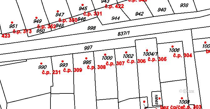 Vlčnov 307 na parcele st. 1000 v KÚ Vlčnov, Katastrální mapa