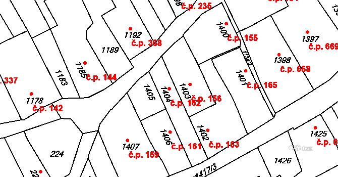 Buchlovice 162 na parcele st. 1404 v KÚ Buchlovice, Katastrální mapa