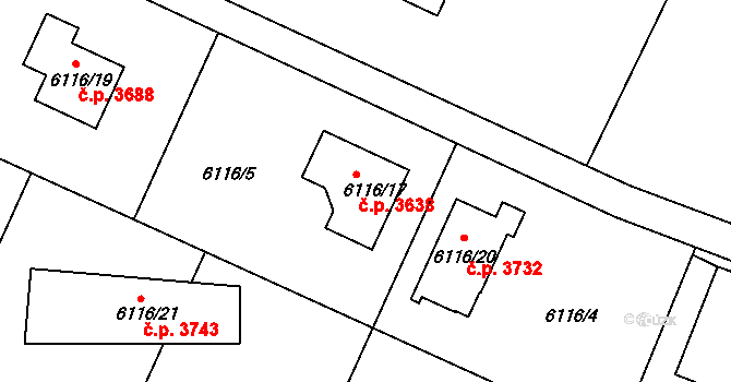 Frýdek 3638, Frýdek-Místek na parcele st. 6116/17 v KÚ Frýdek, Katastrální mapa