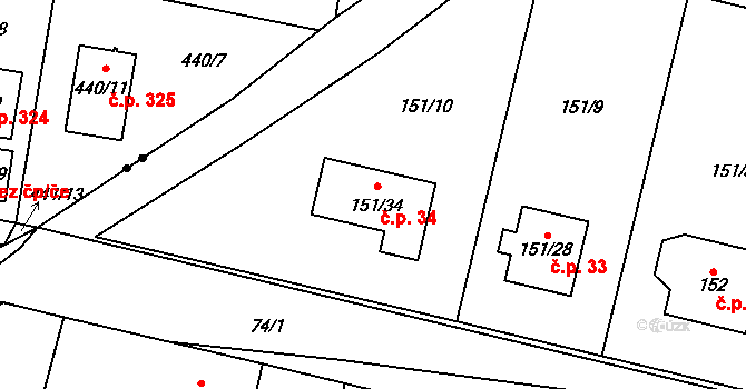 Hubenice 34, Lhota pod Libčany na parcele st. 151/34 v KÚ Hubenice, Katastrální mapa