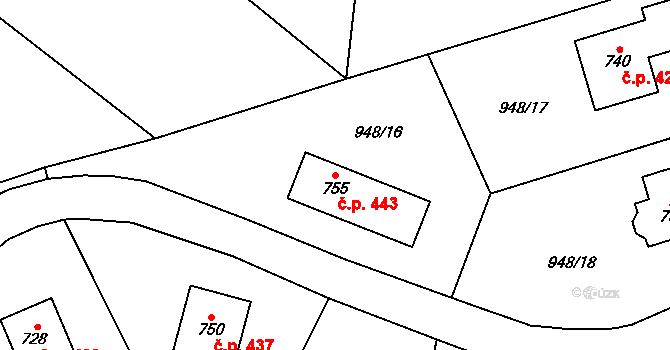 Studenec 443 na parcele st. 755 v KÚ Studenec u Horek, Katastrální mapa