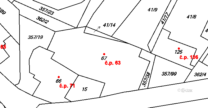 Řestoky 63 na parcele st. 67 v KÚ Řestoky, Katastrální mapa