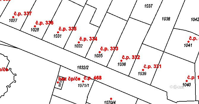 Drnovice 333 na parcele st. 1035 v KÚ Drnovice u Vyškova, Katastrální mapa