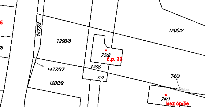 Sedlec 33, Temelín na parcele st. 73/2 v KÚ Sedlec u Temelína, Katastrální mapa