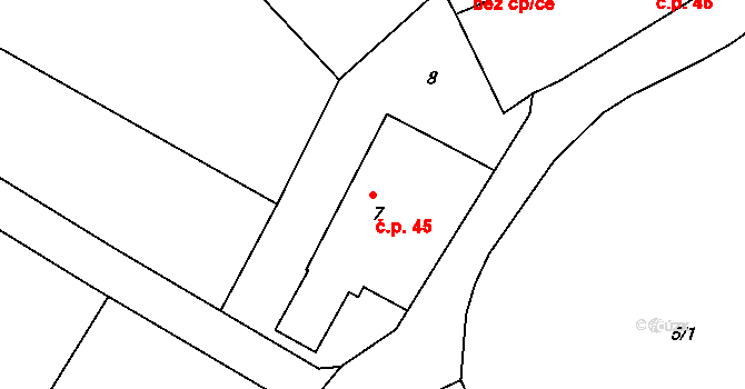 Svučice 45, Mišovice na parcele st. 7 v KÚ Svučice, Katastrální mapa