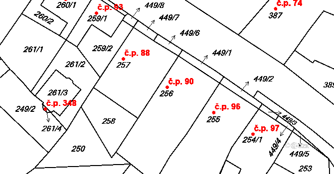 Chotíkov 90 na parcele st. 256 v KÚ Chotíkov, Katastrální mapa