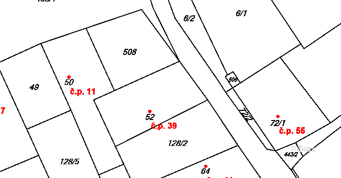 Křivenice 39, Horní Počaply na parcele st. 52 v KÚ Křivenice, Katastrální mapa