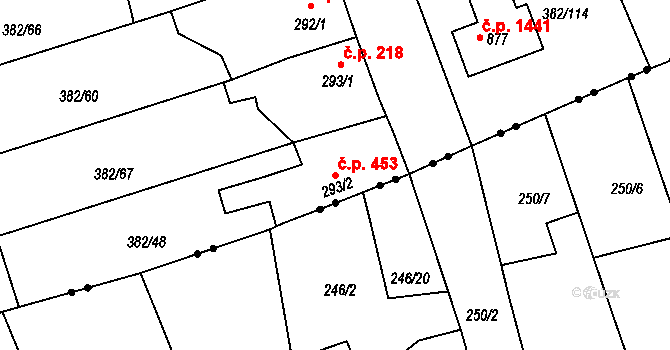 Rudná 453 na parcele st. 293/2 v KÚ Dušníky u Rudné, Katastrální mapa