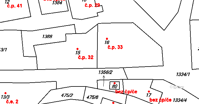 Zbynice 33, Hrádek na parcele st. 16 v KÚ Zbynice, Katastrální mapa