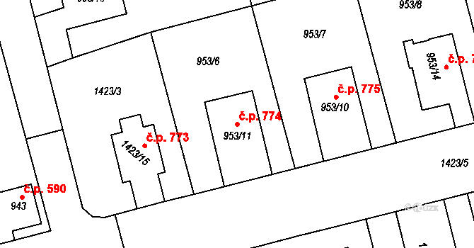 Hronov 774 na parcele st. 953/11 v KÚ Hronov, Katastrální mapa