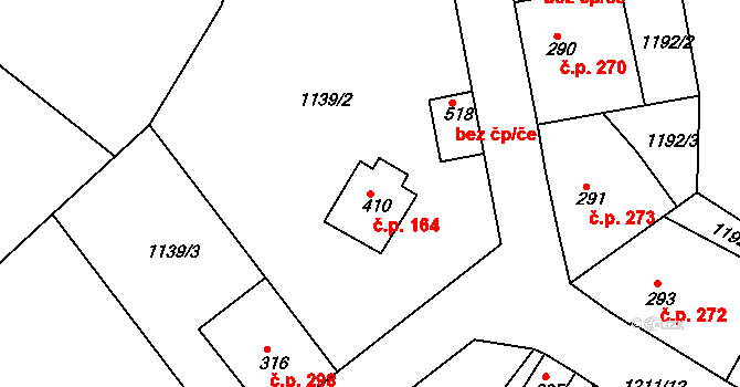 Zbečník 164, Hronov na parcele st. 410 v KÚ Zbečník, Katastrální mapa