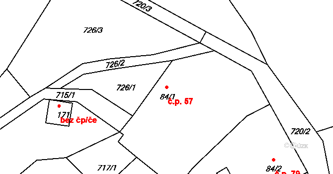 Hněvkov 57, Zábřeh na parcele st. 84/1 v KÚ Hněvkov, Katastrální mapa
