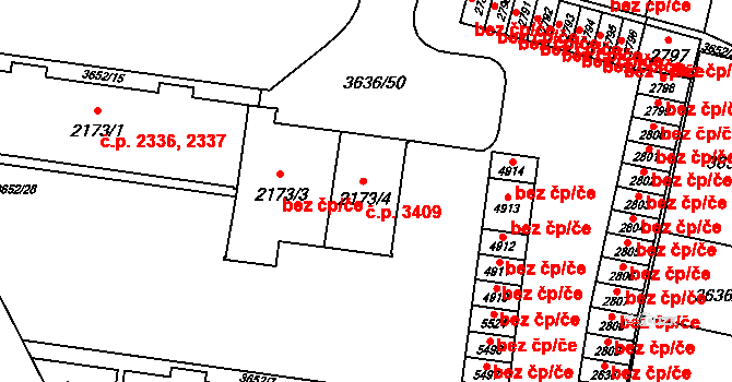 Břeclav 3409 na parcele st. 2173/4 v KÚ Břeclav, Katastrální mapa