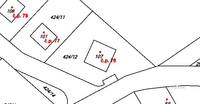 Hřivno 76, Chotětov na parcele st. 107 v KÚ Hřivno, Katastrální mapa