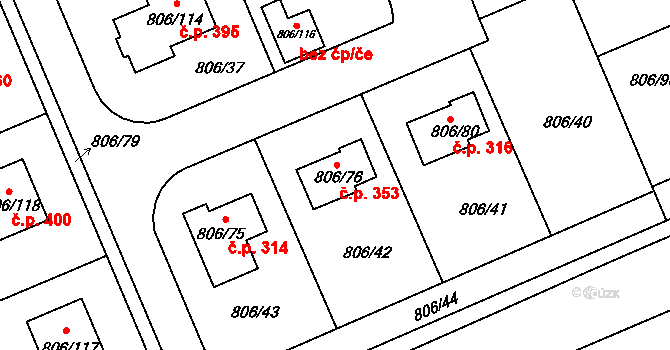 Těchov 353, Blansko na parcele st. 806/76 v KÚ Těchov, Katastrální mapa