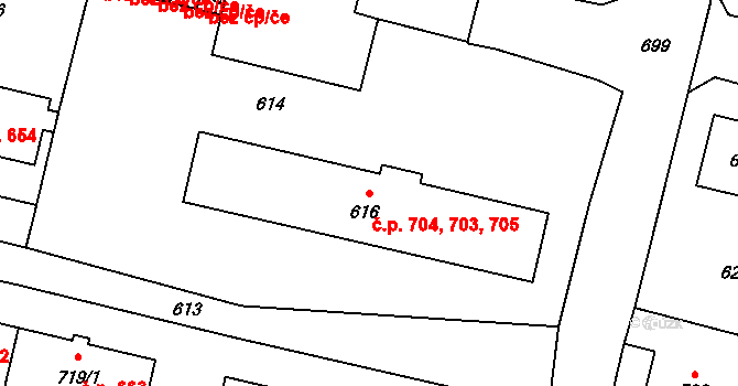 Mohelnice 703,704,705 na parcele st. 616 v KÚ Mohelnice, Katastrální mapa