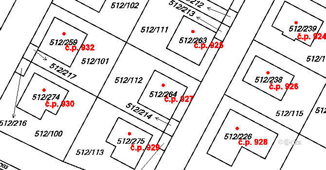 Srubec 927 na parcele st. 512/264 v KÚ Srubec, Katastrální mapa