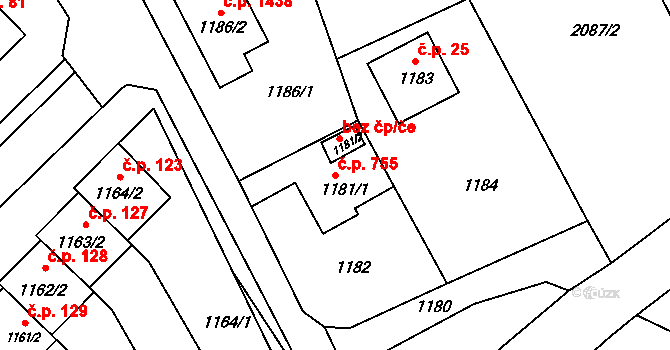 Kopřivnice 755 na parcele st. 1181/1 v KÚ Kopřivnice, Katastrální mapa