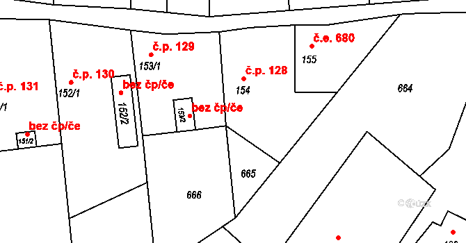 Sýkořice 128 na parcele st. 154 v KÚ Sýkořice, Katastrální mapa